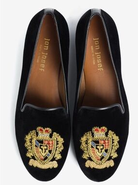 Jon Josef Women's Black Velvet Embroidered Crest Loafers